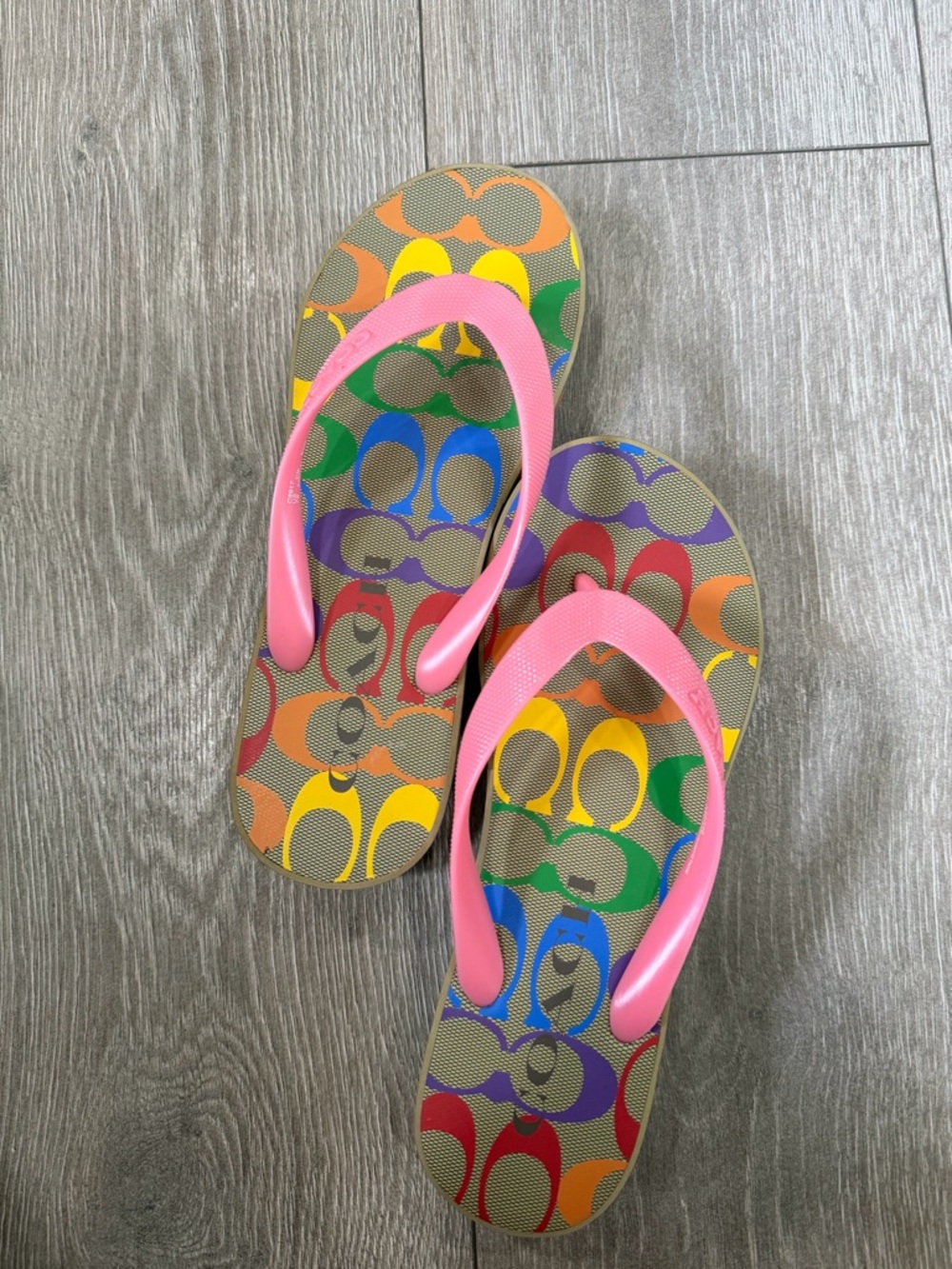 Colorful coach rainbow Flip Flops with Pink Straps